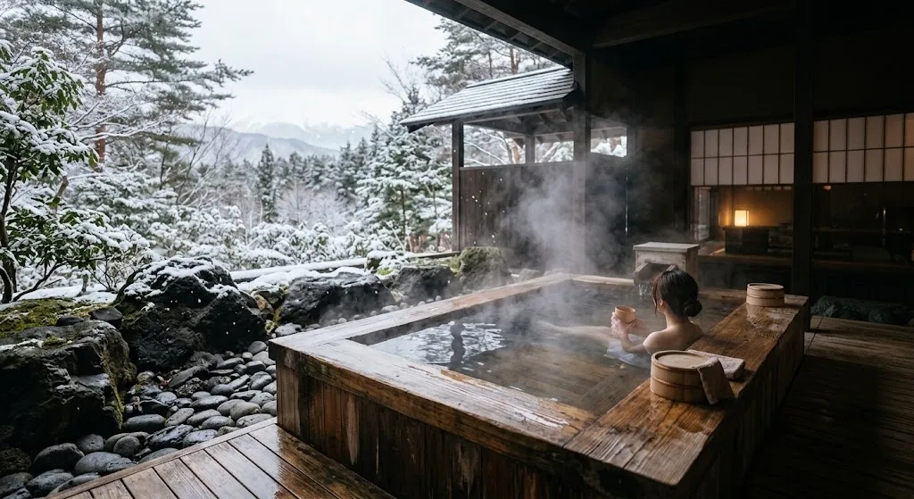 A private wooden outdoor hot spring bath in Hakone surrounded by snow-dusted pine trees and rocks, with gentle steam rising into the crisp, clear winter air.