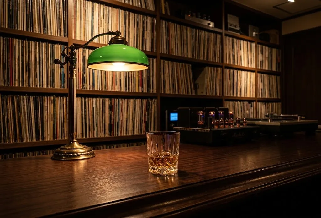 An atmospheric shot of an intimate, wood-paneled vinyl bar in Shimokitazawa, featuring shelves of records, warm lighting, and a crystal glass of Japanese whiskey.