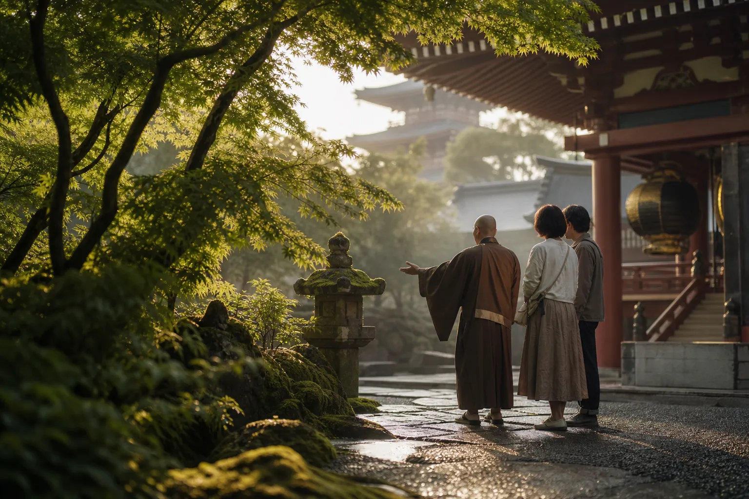 An intimate shot of a Buddhist monk guiding travelers through a private, serene temple garden, highlighting the exclusive and educational high-end tour experience mentioned in the luxury guide.