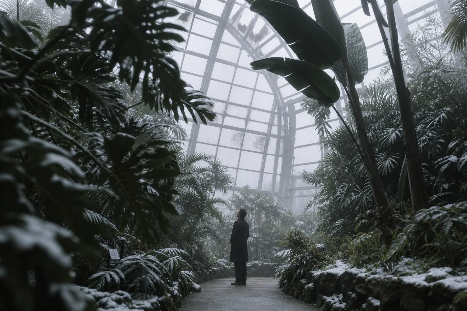 Minimalist view inside the architectural greenhouse in winter, featuring lush tropical plants silhouetted against a glass structure and a solitary, sophisticated visitor enjoying the quiet.