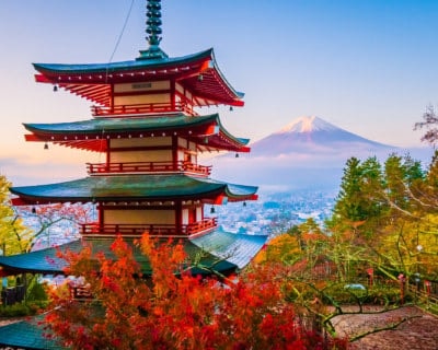 Beautiful landscape of mountain fuji with chureito pagoda around maple leaf tree in autumn season at Yamanashi Japan