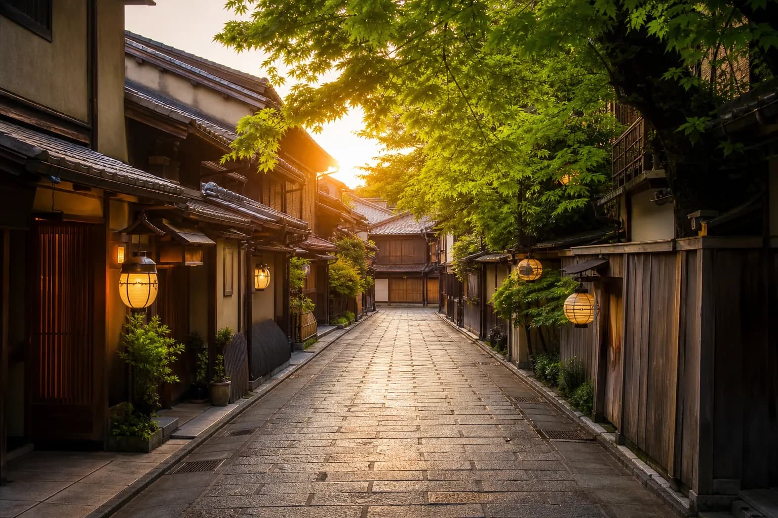 Quiet lantern-lit machiya lane in Gion district Kyoto at dusk