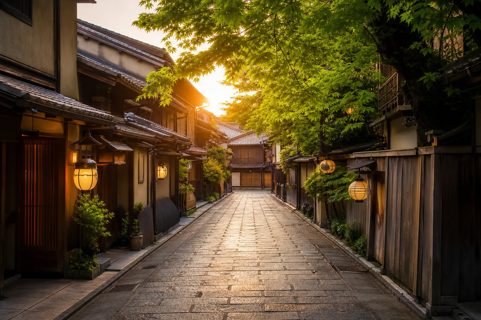 Quiet lantern-lit machiya lane in Gion district Kyoto at dusk