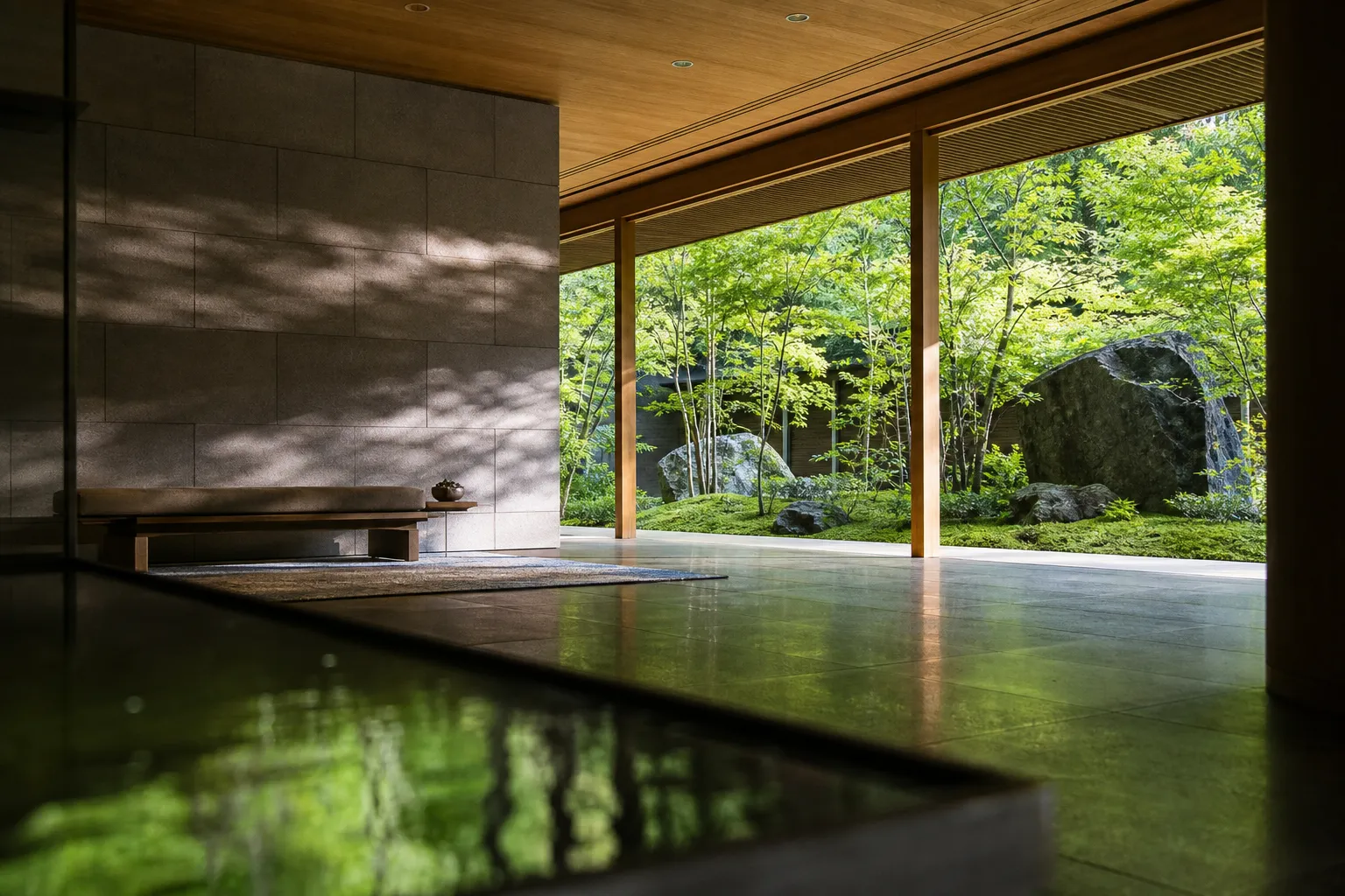 Minimalist luxury hotel interior in Kyoto with wood, stone and garden view