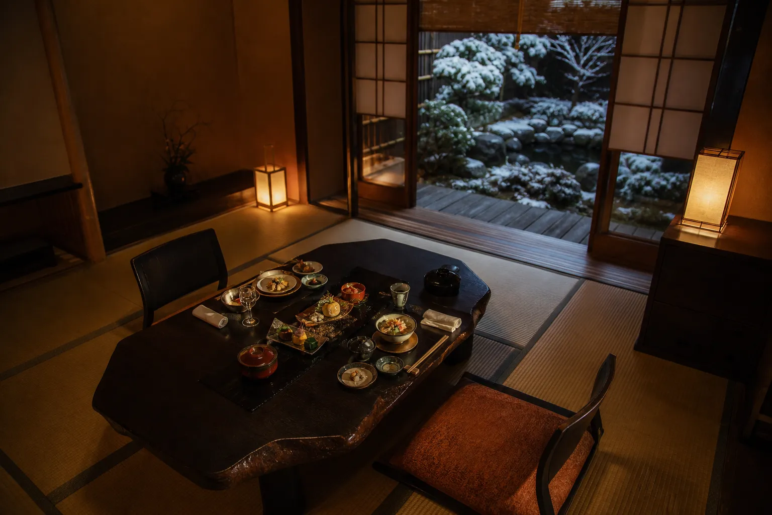 Traditional Kyoto ryokan tatami room with kaiseki meal and garden view