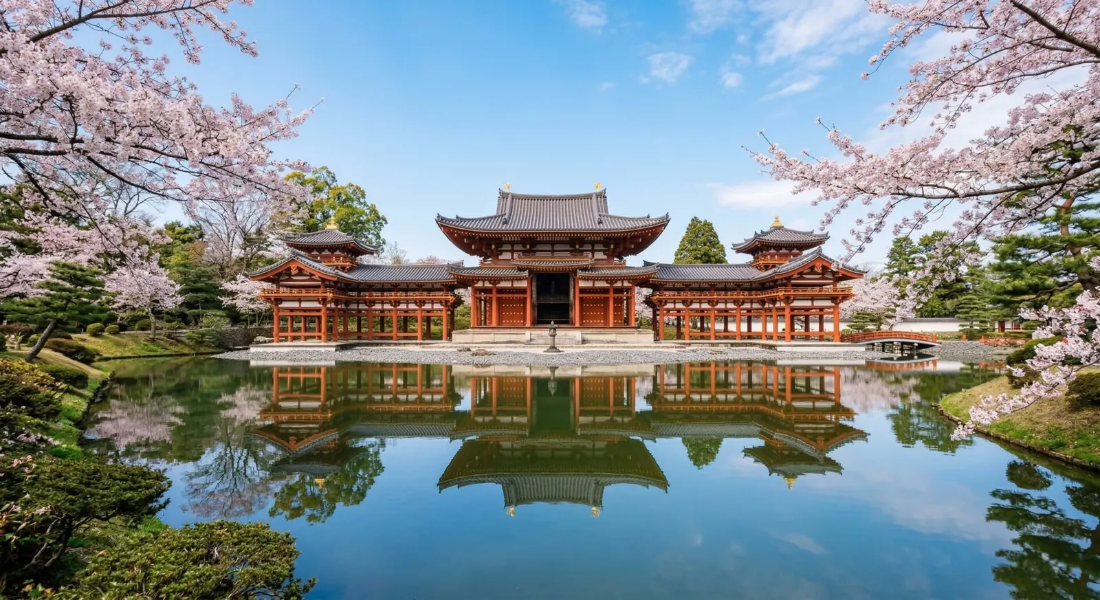 The majestic red Byodoin Temple in Uji, Japan, is perfectly reflected in the calm waters of the surrounding pond.