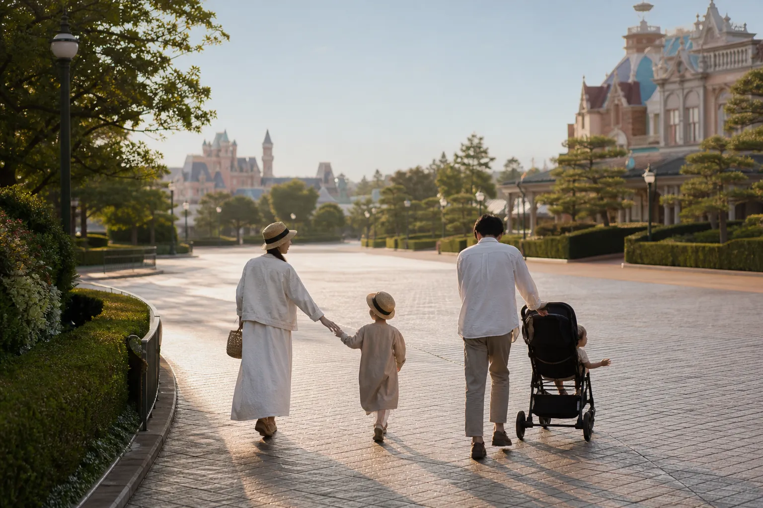 Family with young children arriving at a quiet Japanese theme park in early morning light