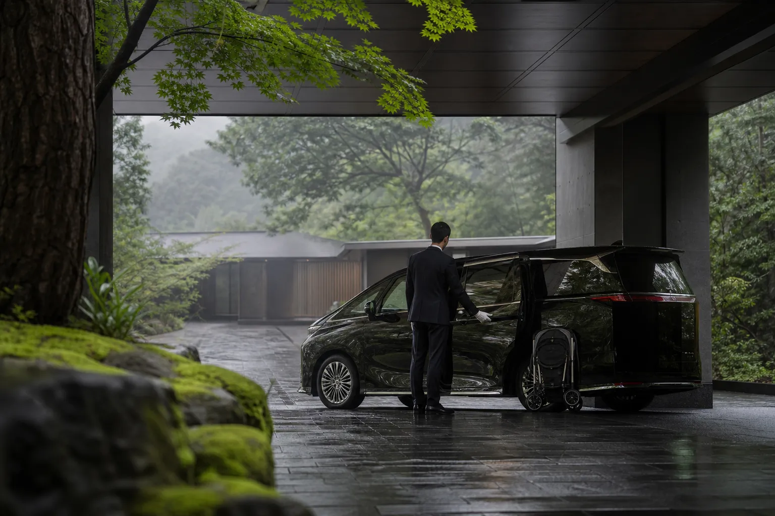 Chauffeur opening the door of a Lexus LM 500 luxury van for a family transfer