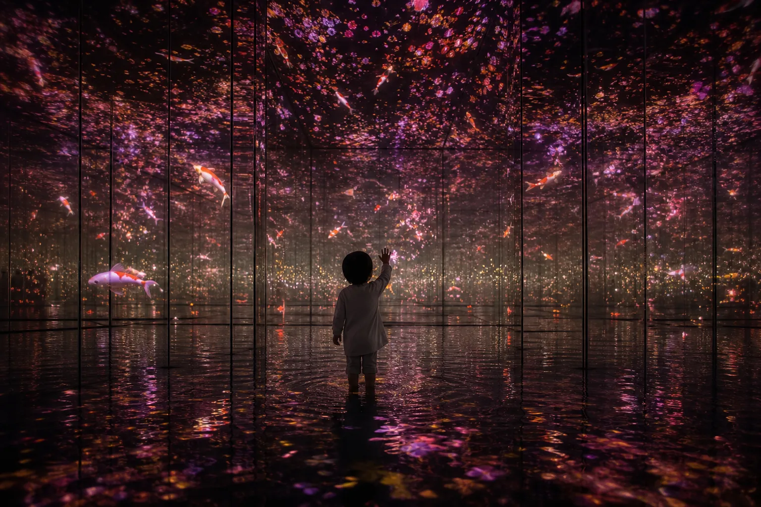 Child experiencing the immersive light installations at teamLab Planets in Toyosu Tokyo
