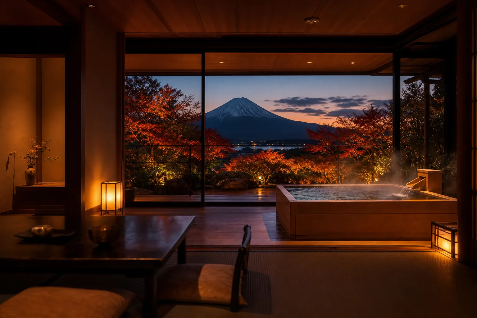 Luxury ryokan suite with private onsen bath and Mount Fuji view for a family evening