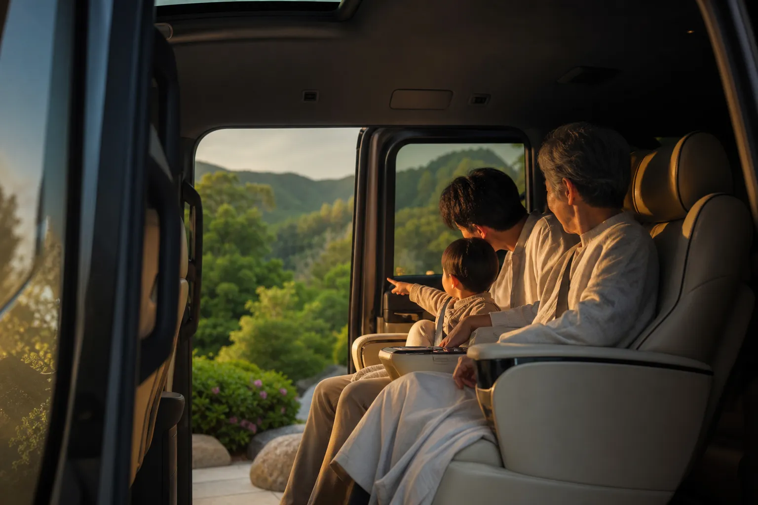Three generations of a family relaxing in the spacious cabin of a luxury private van in Japan