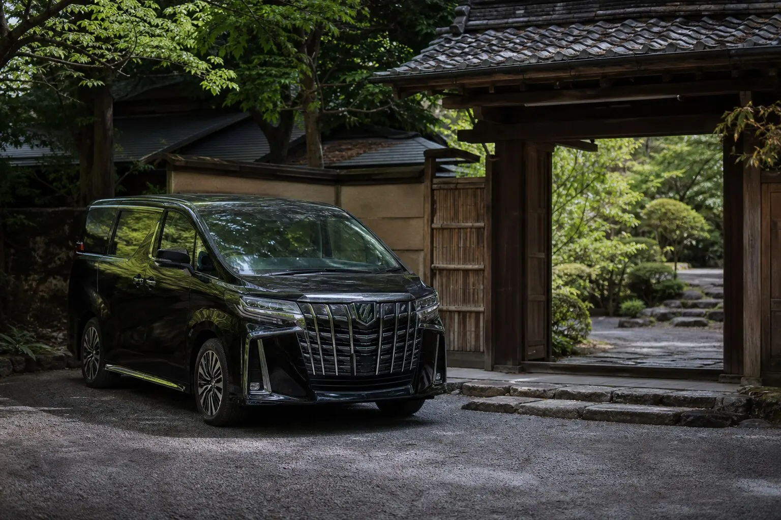 A black luxury vehicle parked outside a traditional Japanese temple gate in Kamakura