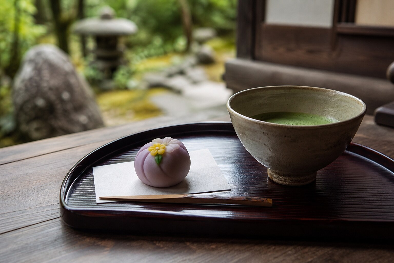 Frothy green matcha tea and a traditional sweet served on a black lacquer tray