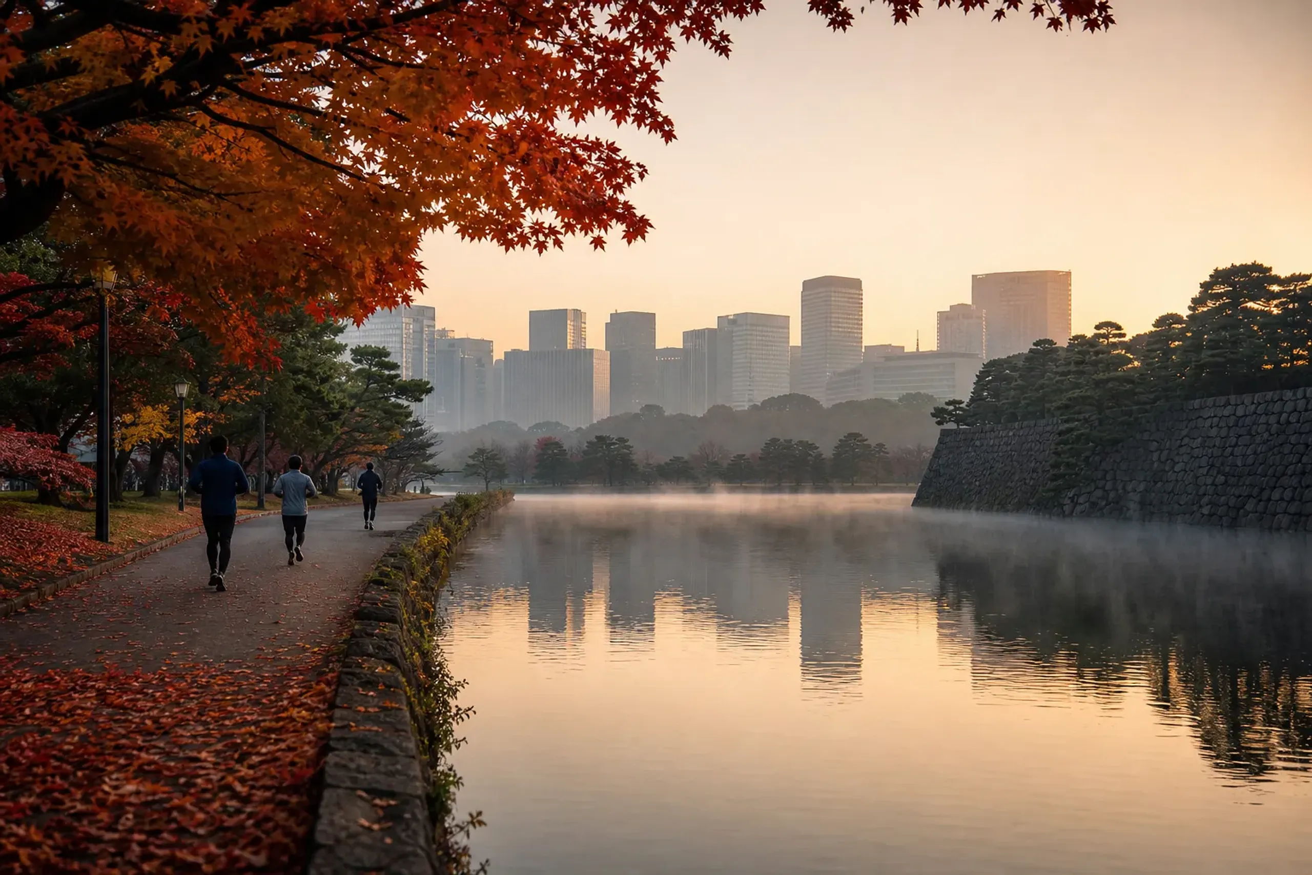 Morning running path beside the Imperial Palace outer moat near Marunouchi