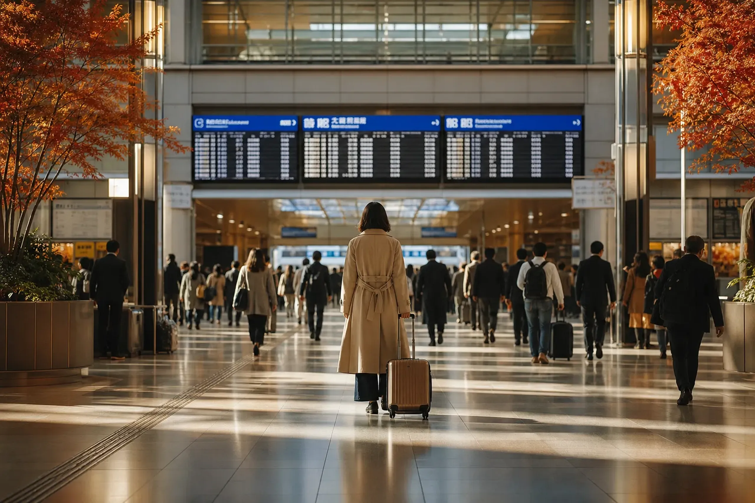 Tokyo Station concourse with Shinkansen signage and travelers with luggage