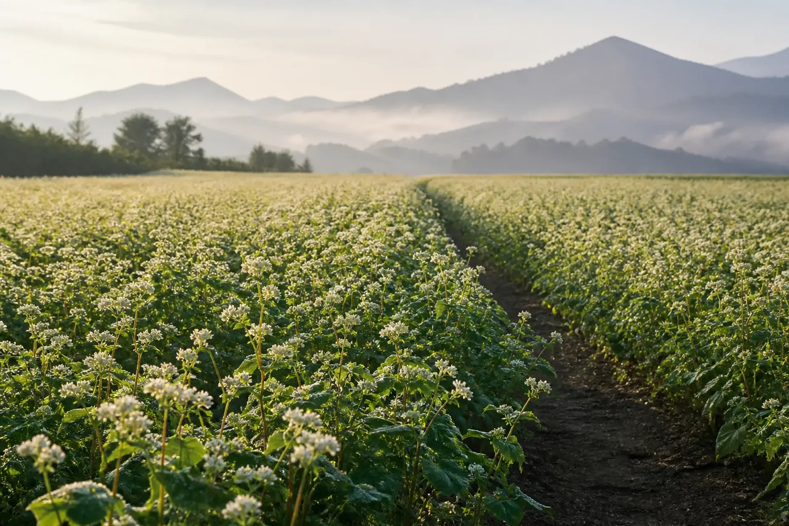 Buckwheat field landscape in Nagano Prefecture in early morning light