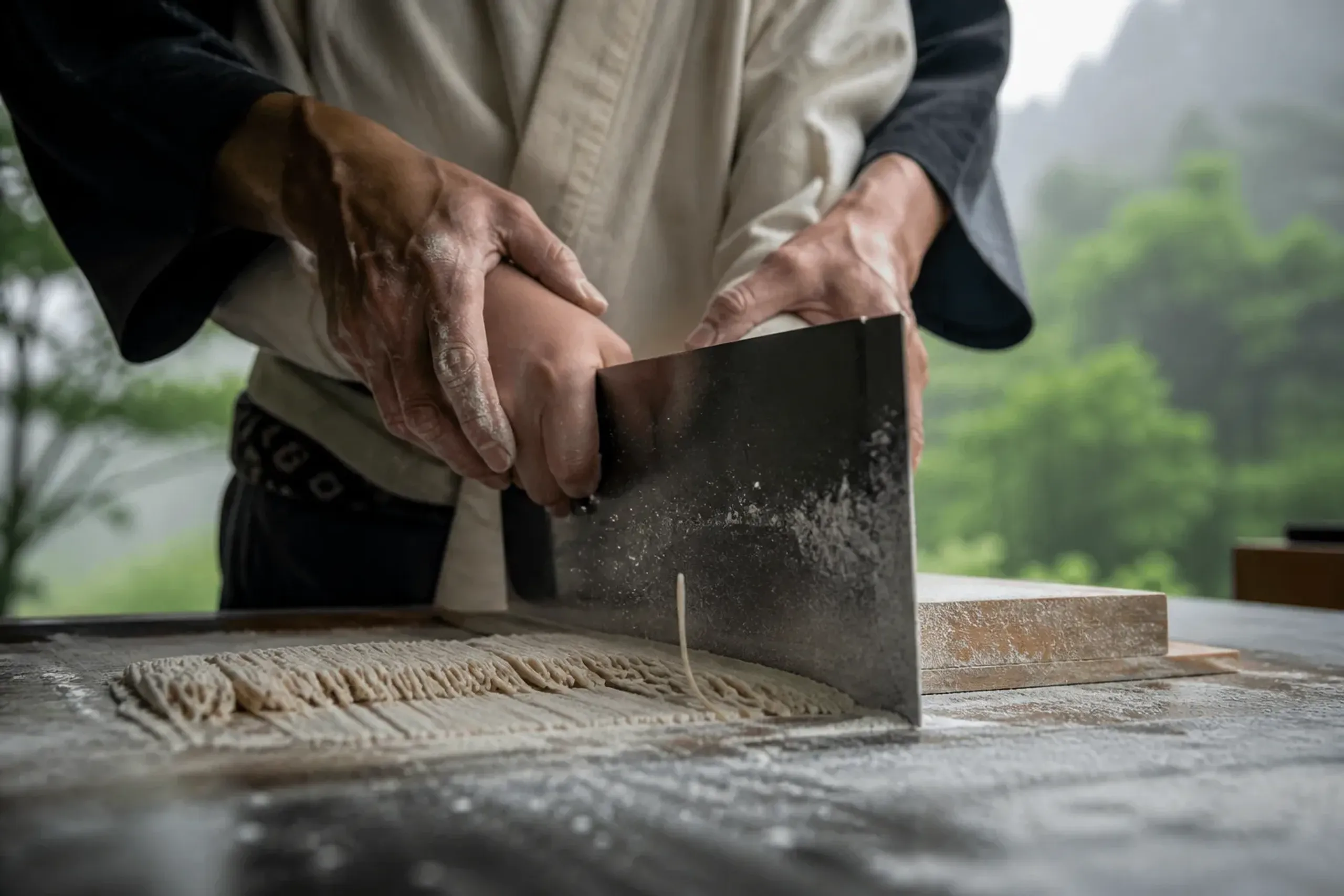 Hands cutting soba noodles with a soba knife on a wooden board
