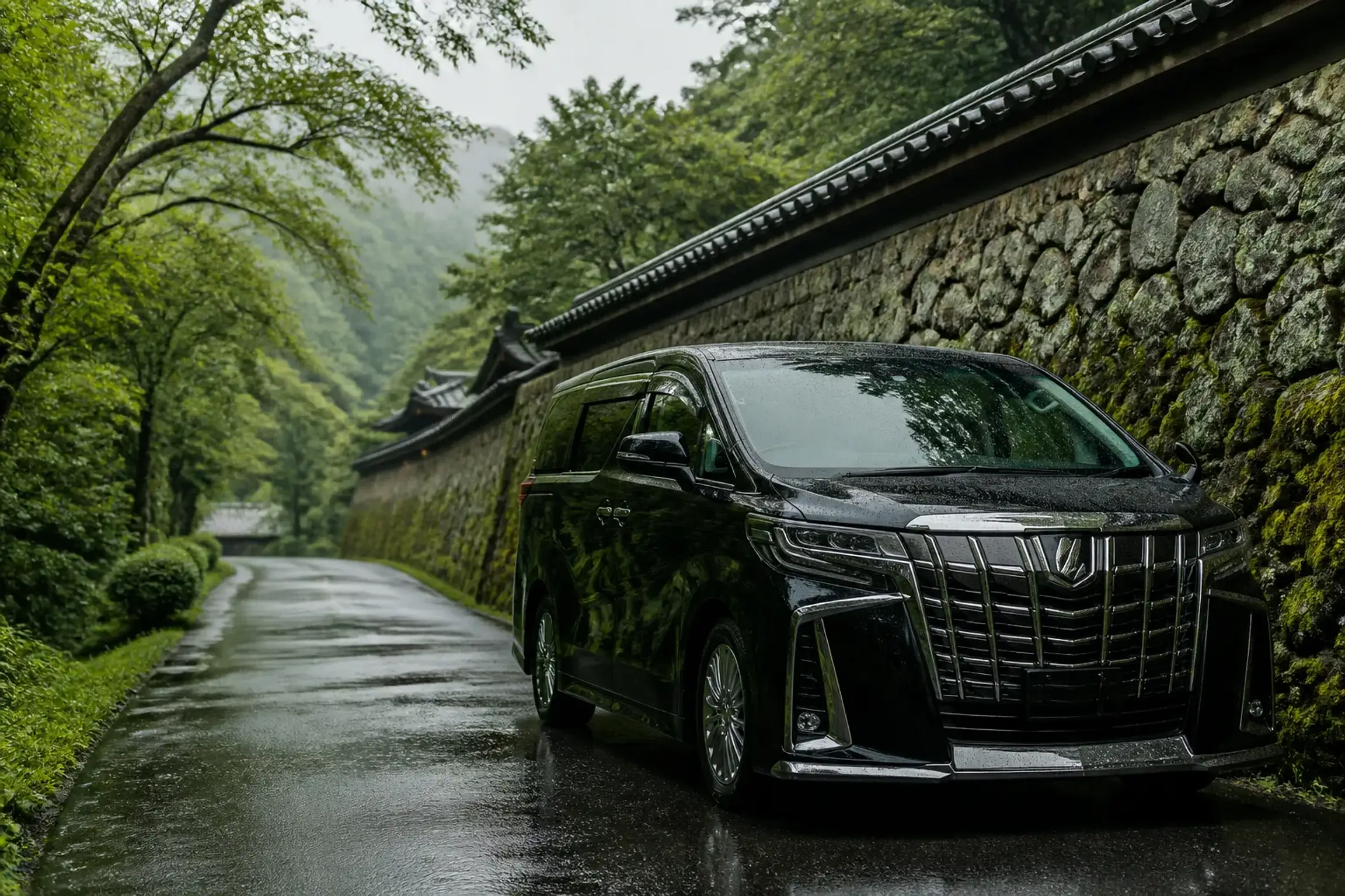 Luxury minivan on a quiet rural road in Nagano beside trees and a stone wall
