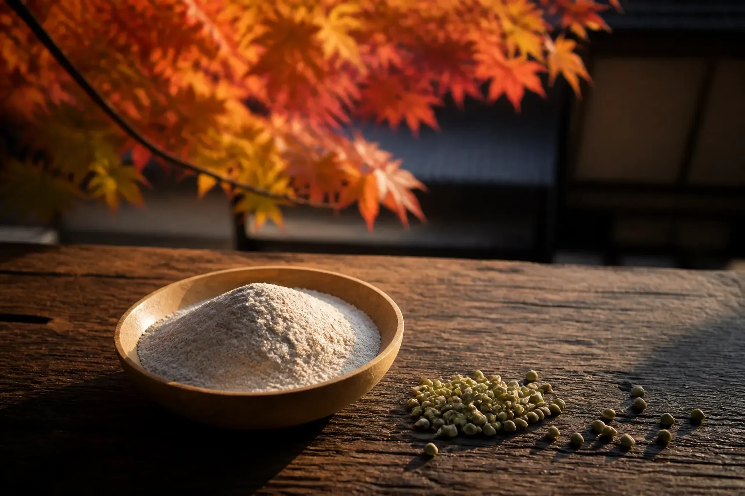 Close-up of buckwheat flour and buckwheat grains on a wooden table