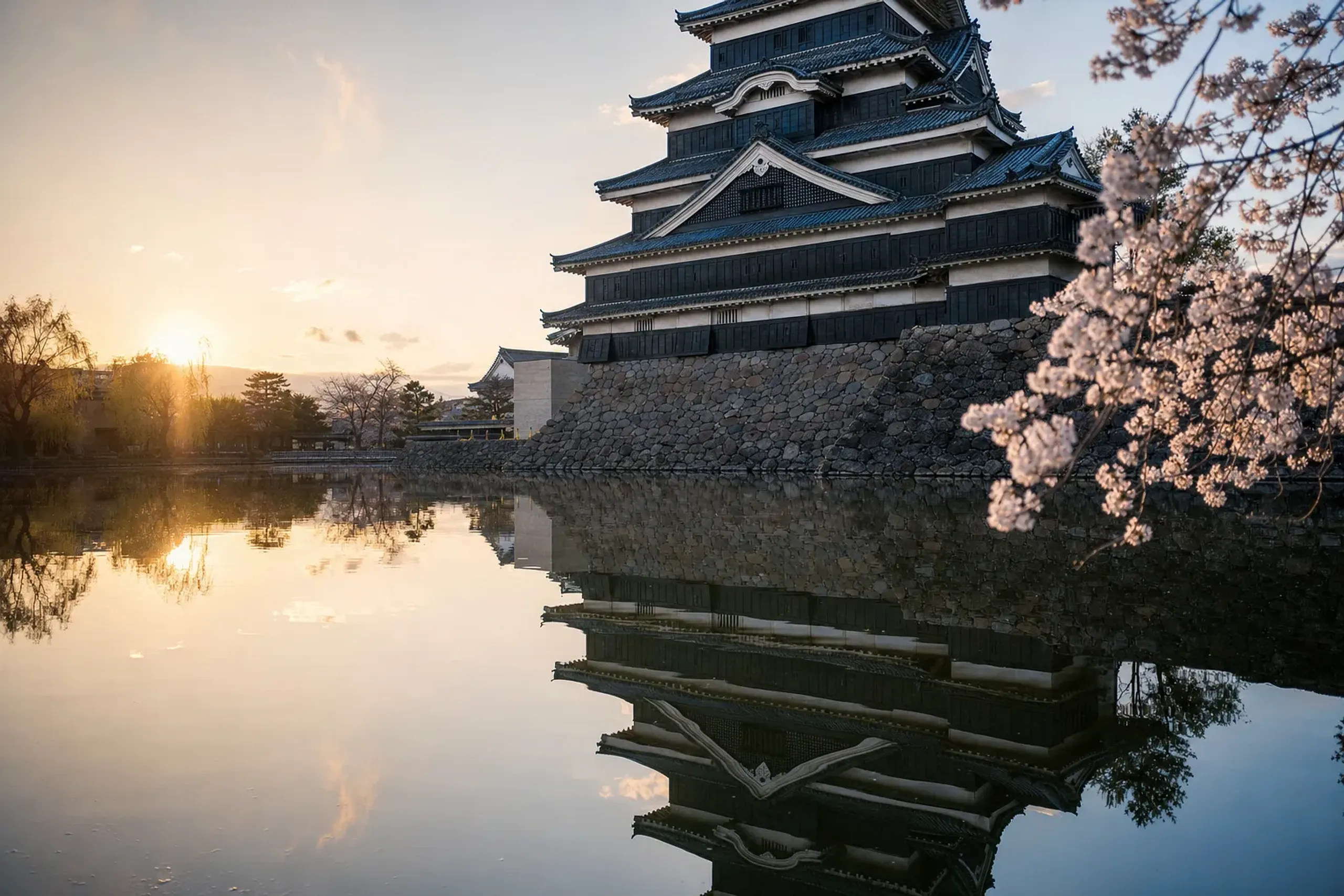 the black keep of Matsumoto Castle rising directly from its flatland water moat, the entire building mirrored upside down in the still surface