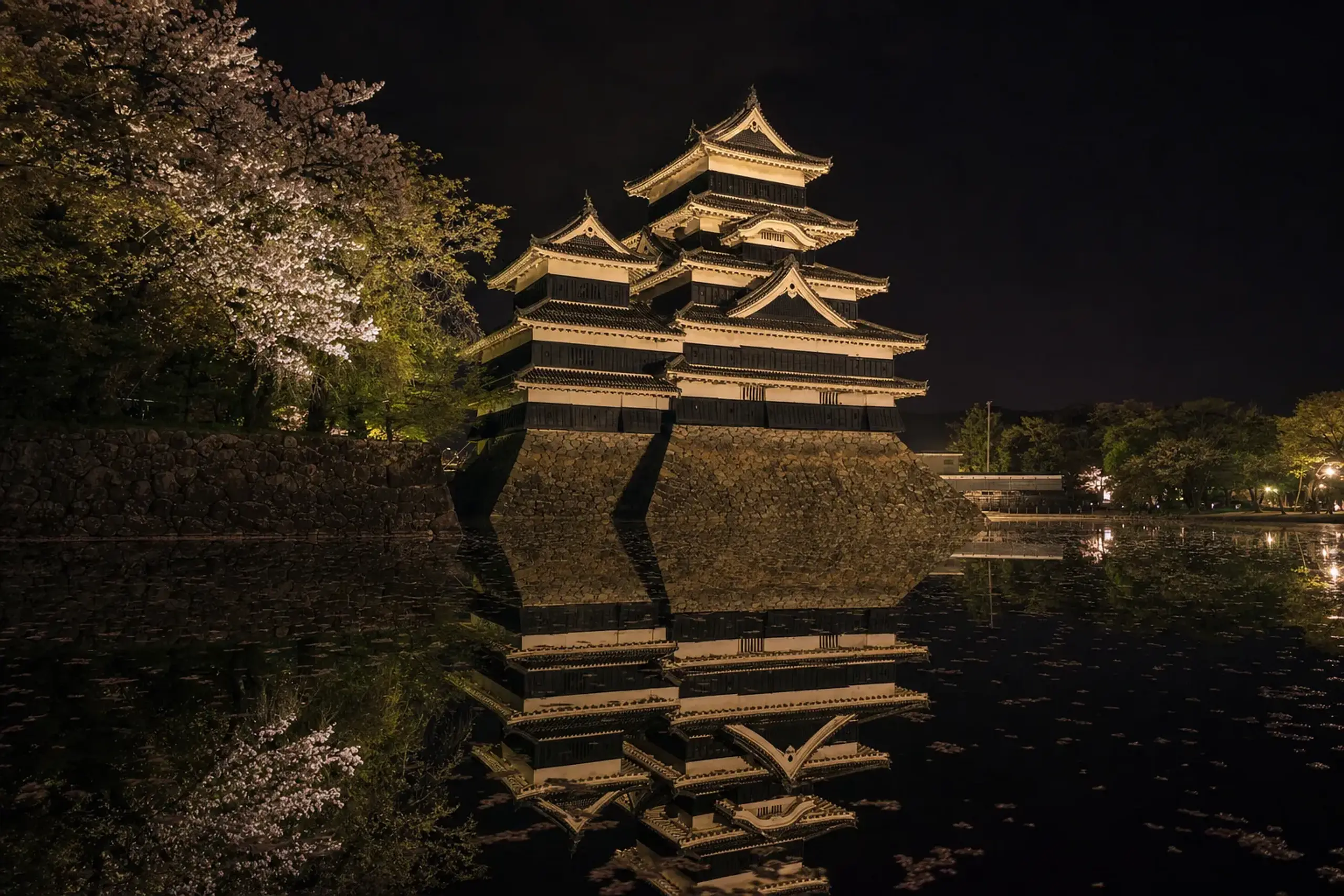 night reflection of the illuminated black keep doubled in the dark moat water, framed by uplit cherry blossoms