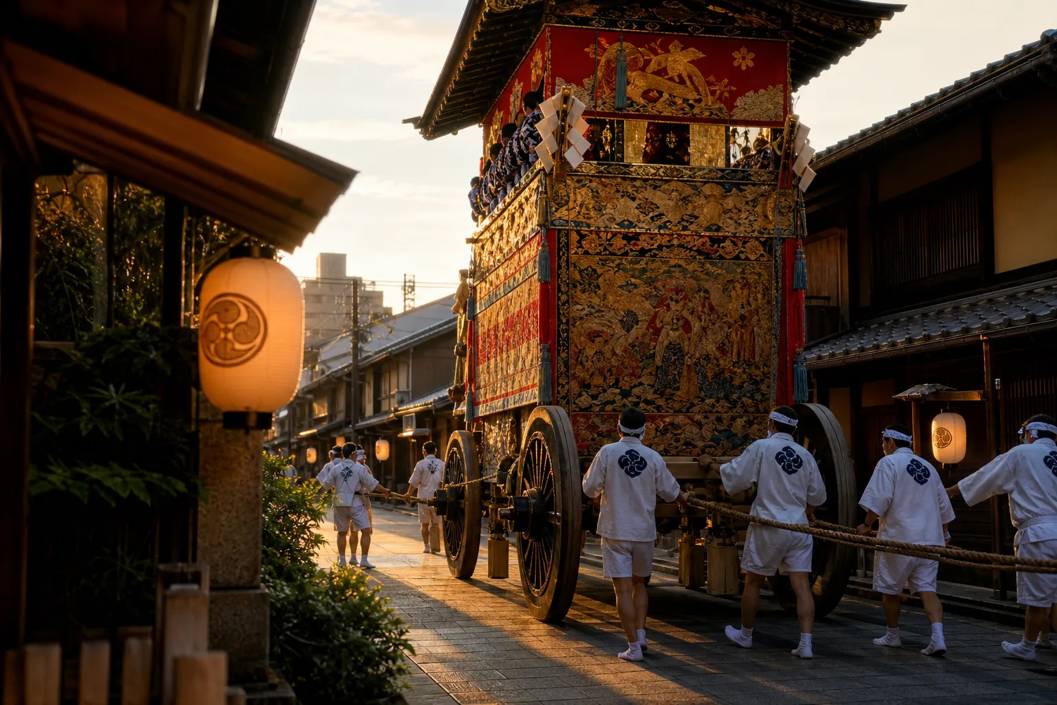 Crowd carrying a golden mikoshi shrine through Asakusa during Sanja Matsuri in Tokyo