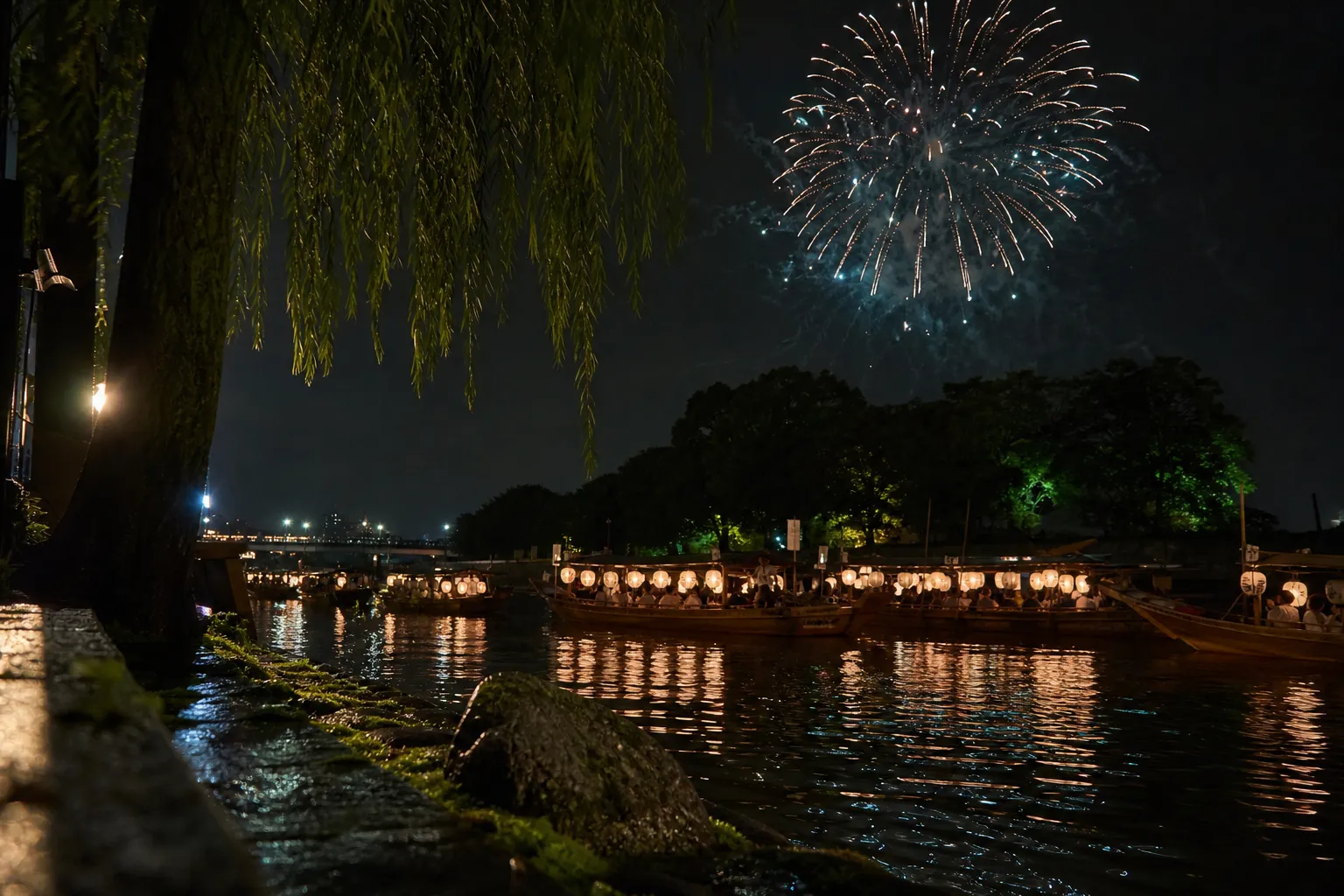 Lantern-lit boats on the Okawa river with fireworks during Osaka's Tenjin Matsuri