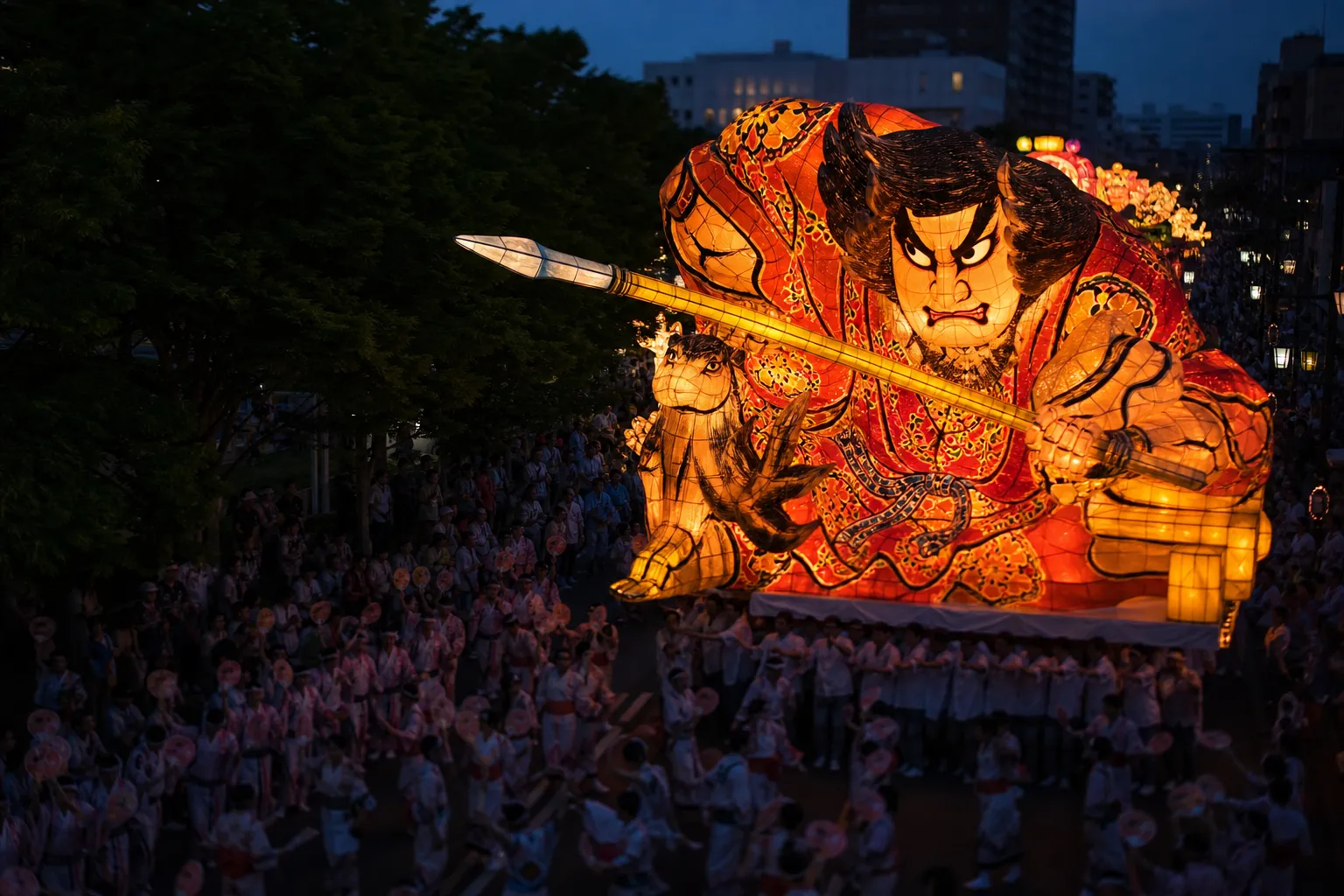 Giant glowing Nebuta paper float of a warrior moving through Aomori at night