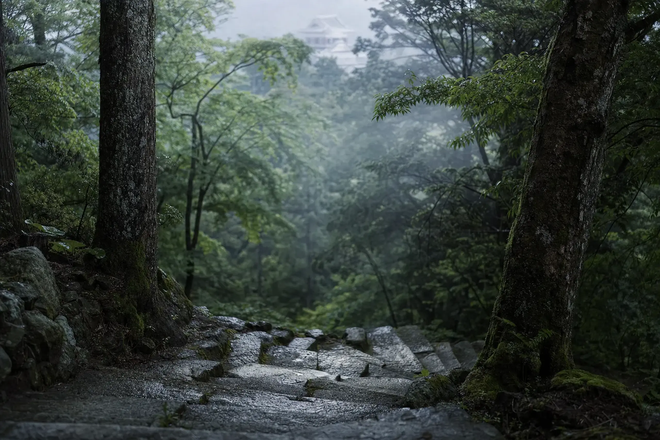 One of the four on-foot mountain paths descending through pines from the keep to the base of Mount Katsuyama