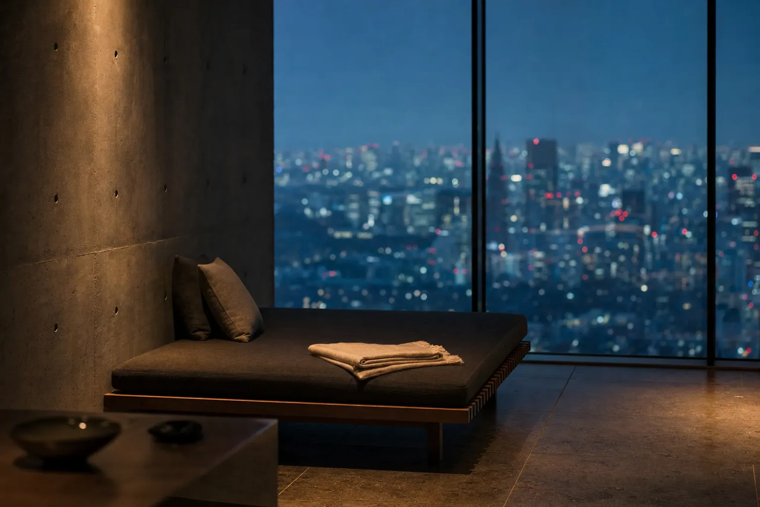 the minimalist interior of a Japanese design hotel at dusk, with polished concrete walls, floor-to-ceiling windows, and a single low-profile daybed, lit like a gallery after closing hours