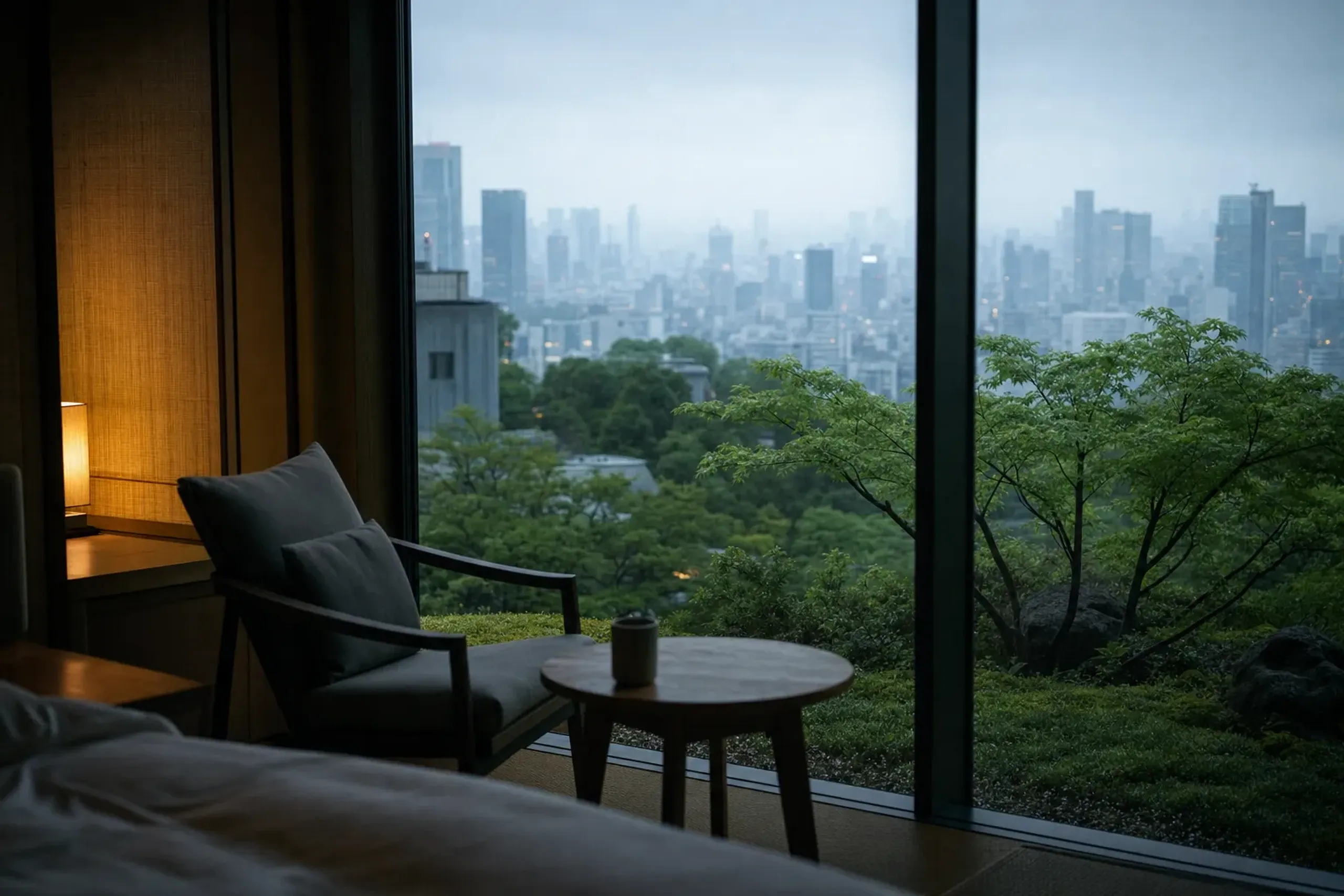 a quiet corner guest room on a high floor of a Tokyo hotel, with a garden view framed by the window and city skyline beyond, away from street level