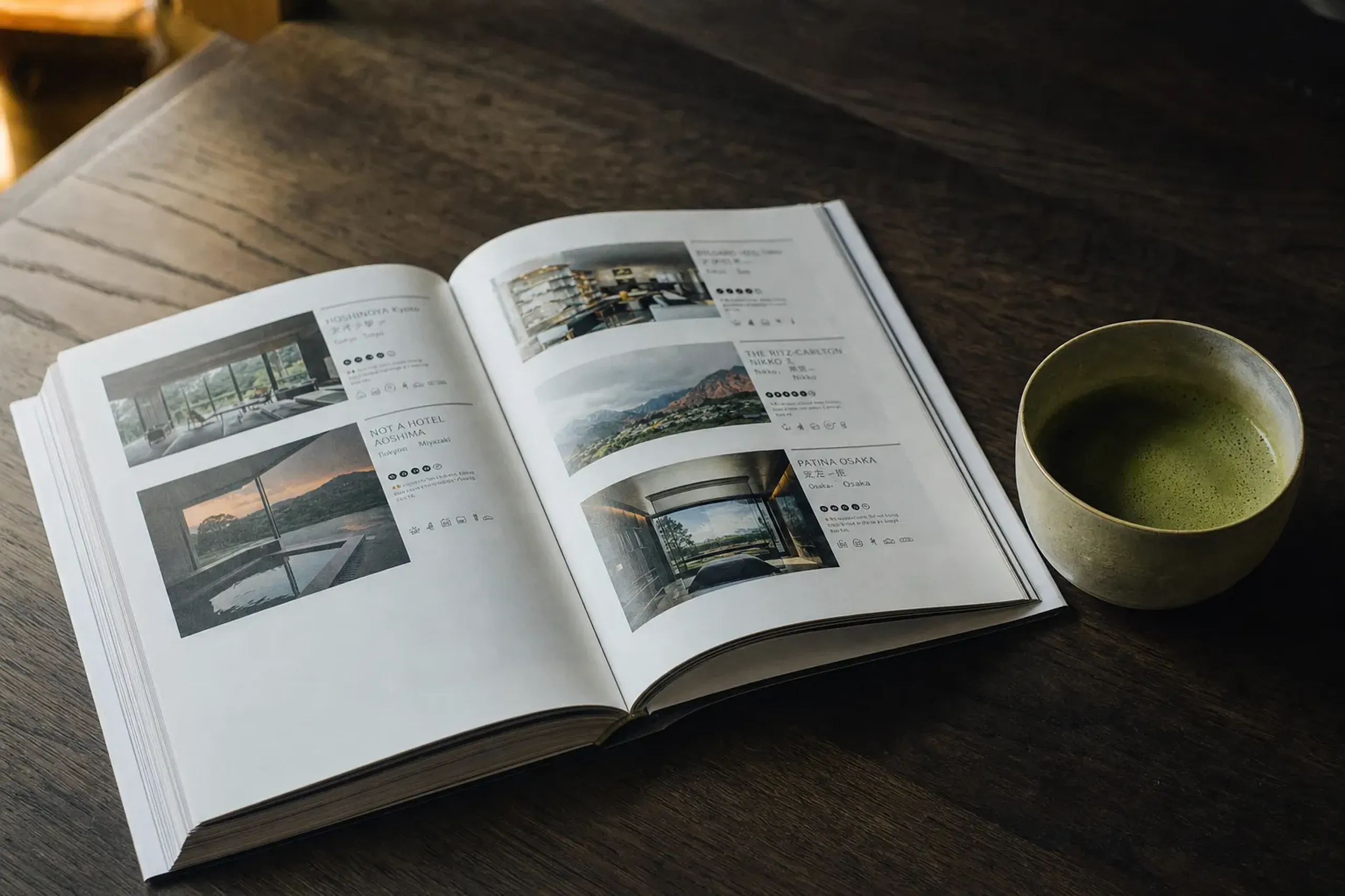 an open MICHELIN Guide hardcover book resting on a dark wood table beside a cup of matcha, pages turned to hotel listings