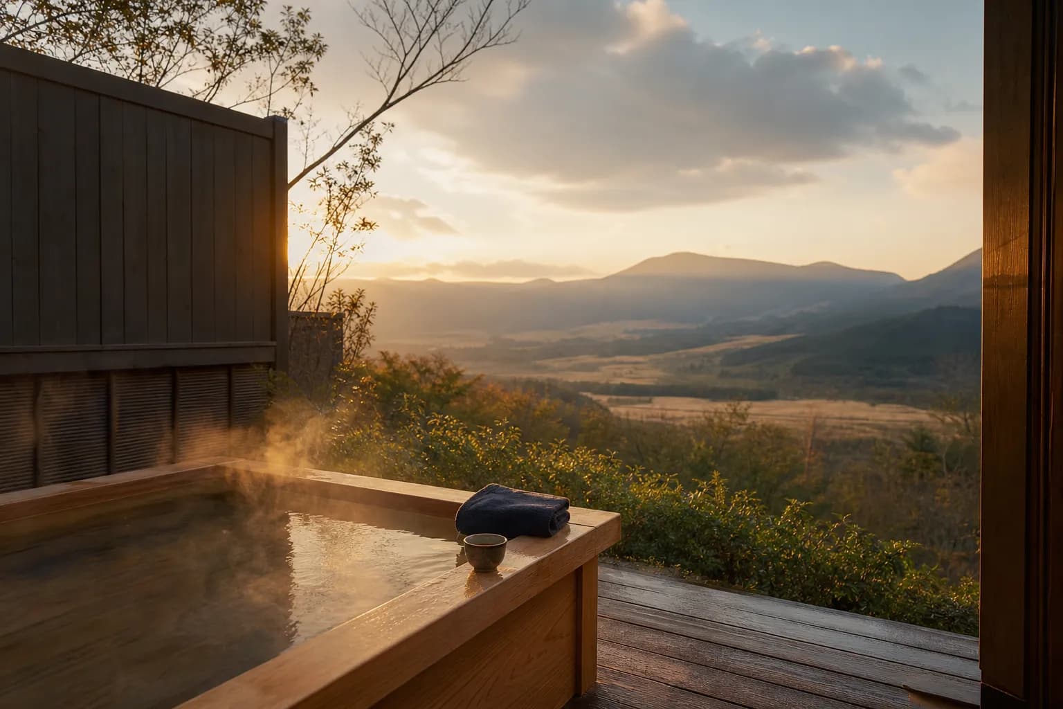 A wooden, open-air hot spring bath on a private terrace overlooking a lush green valley.