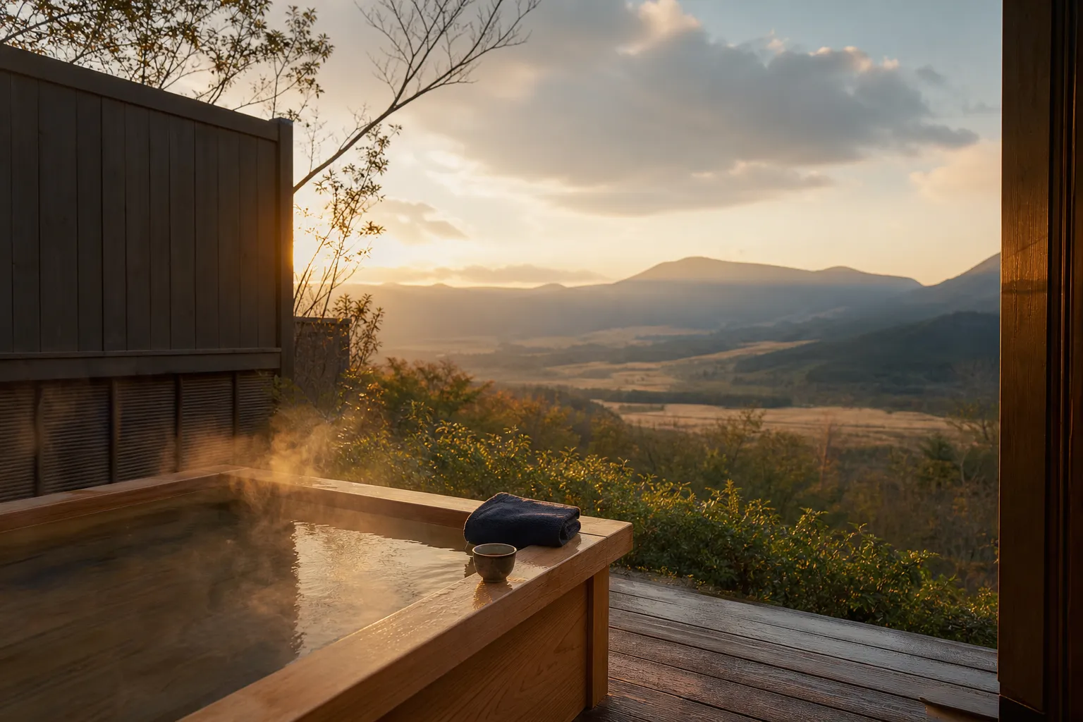 A wooden, open-air hot spring bath on a private terrace overlooking a lush green valley.