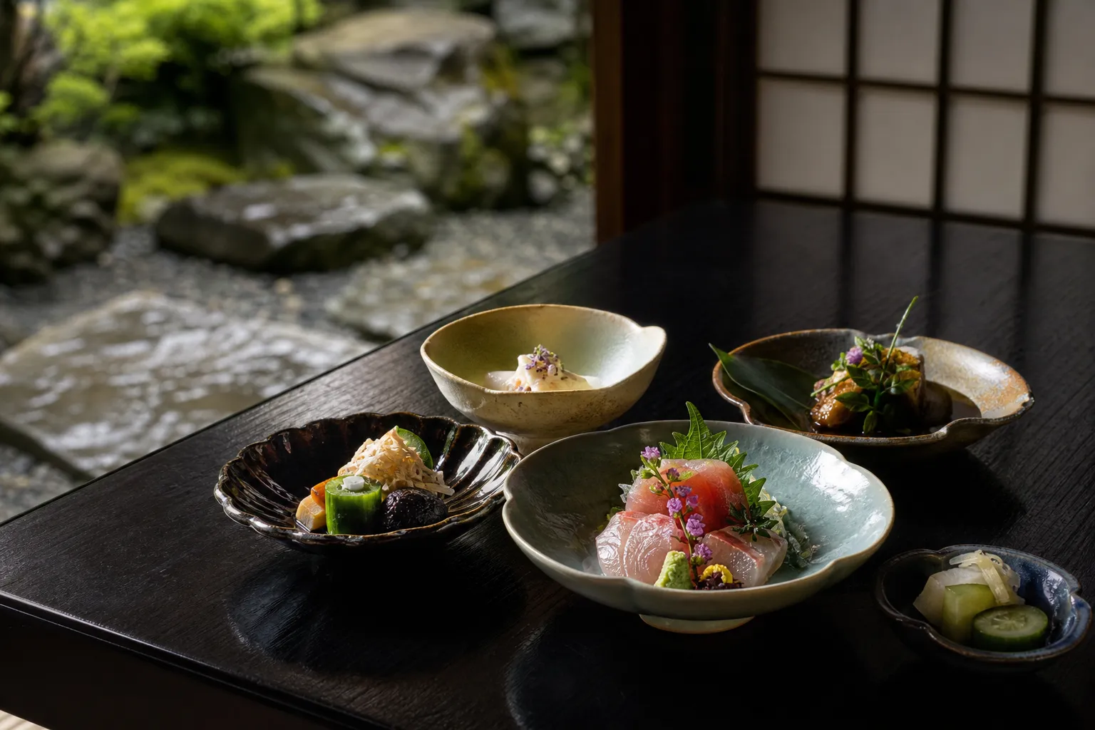 A beautiful arrangement of small, colorful Japanese dishes served on fine ceramic plates.