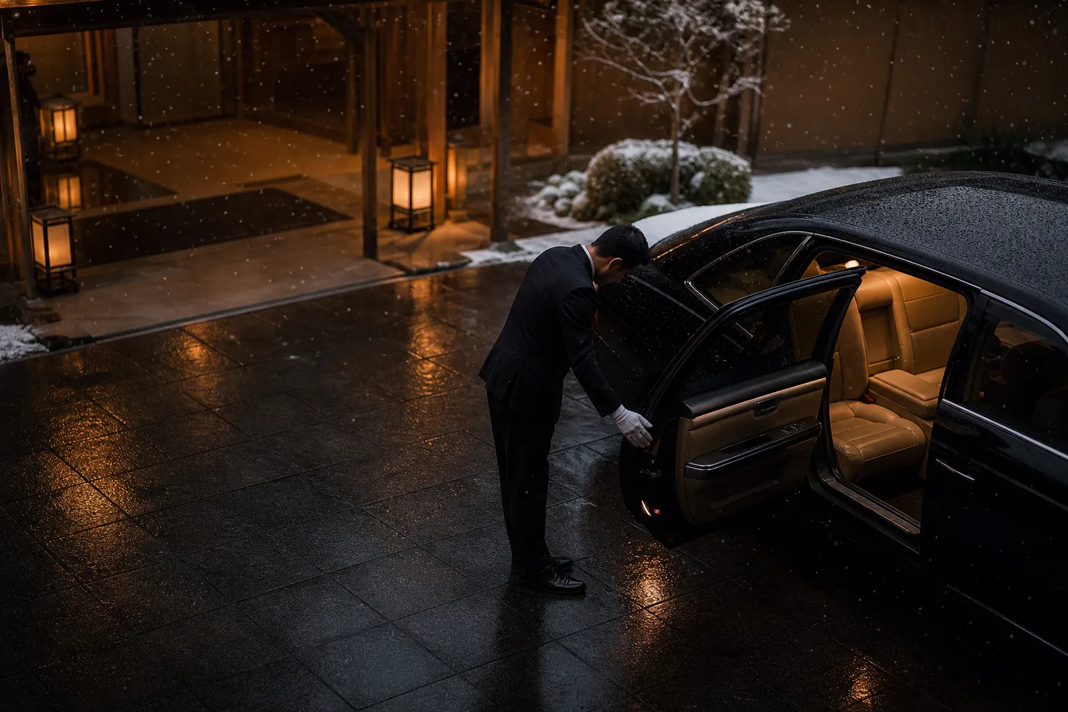 A professional chauffeur in a dark suit opening the door to a black luxury sedan.