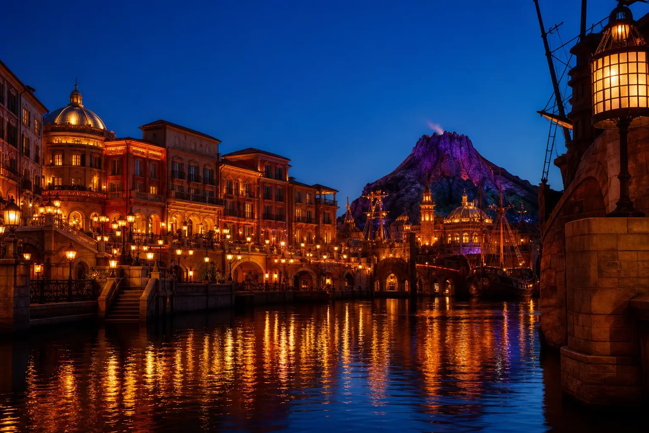 Porto Paradiso harbor at Tokyo DisneySea at dusk with lights reflecting on the water
