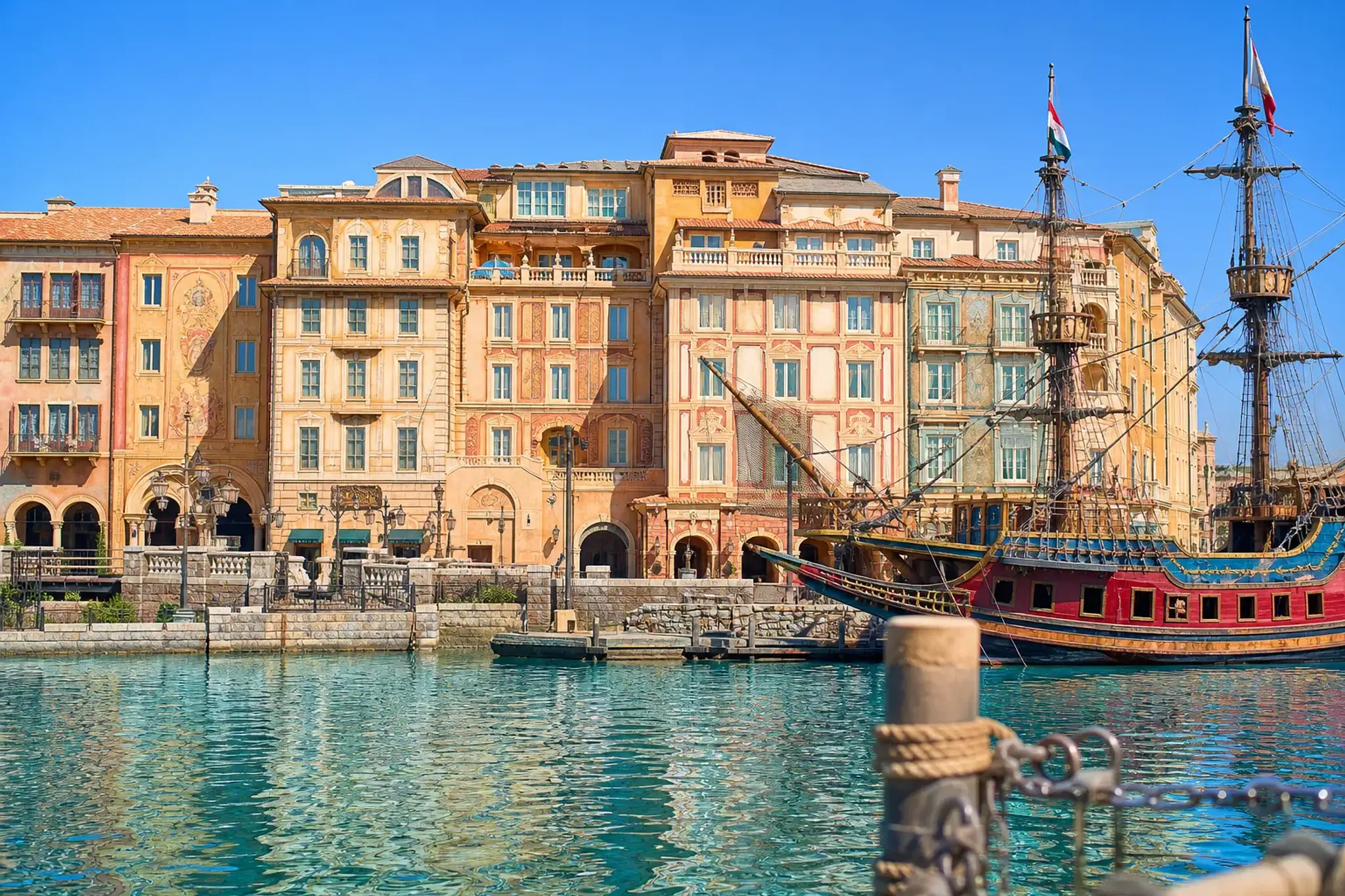 Tokyo DisneySea Hotel MiraCosta facade viewed from Porto Paradiso in the park