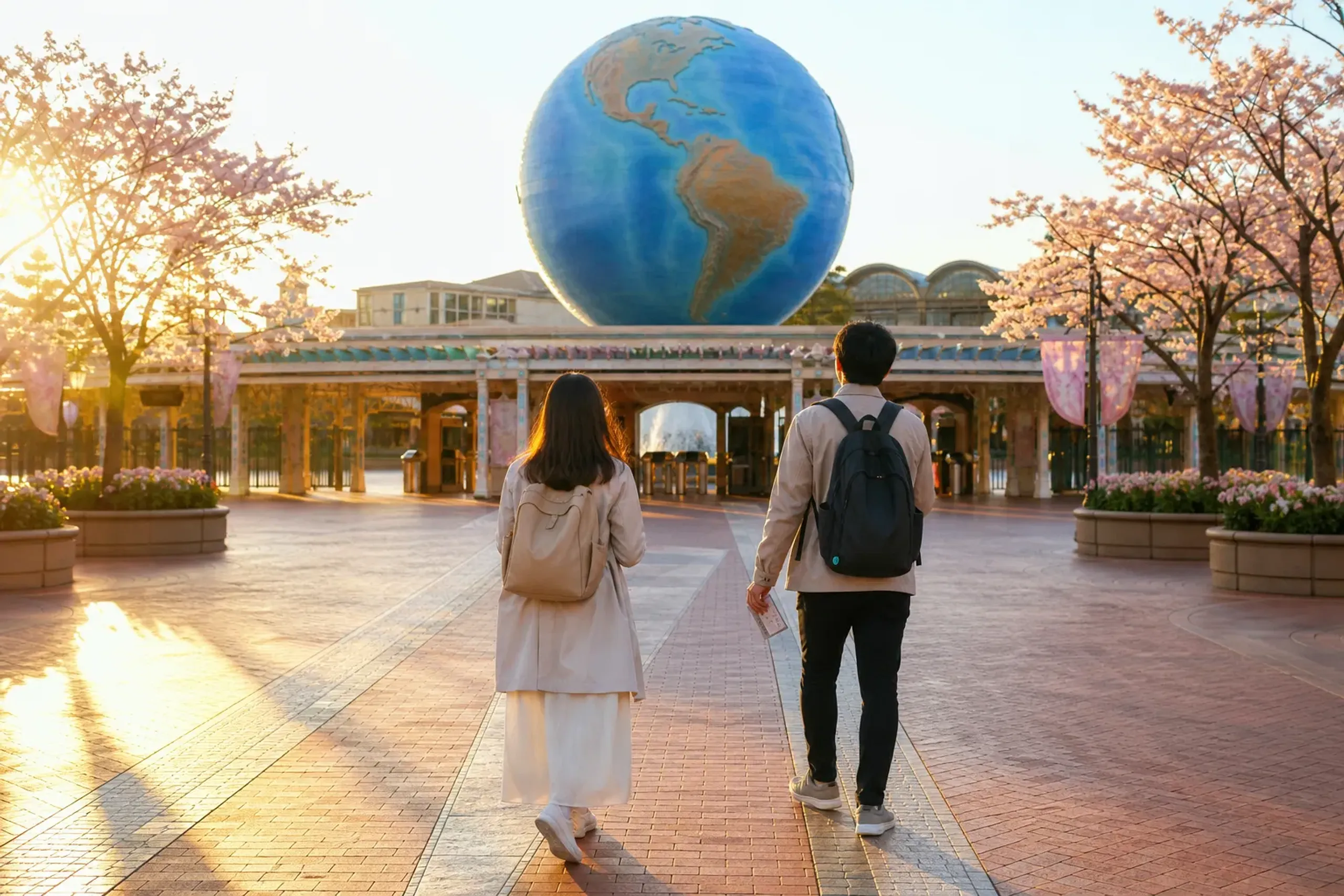 Early morning arrival scene at Tokyo DisneySea entrance with soft sunrise light