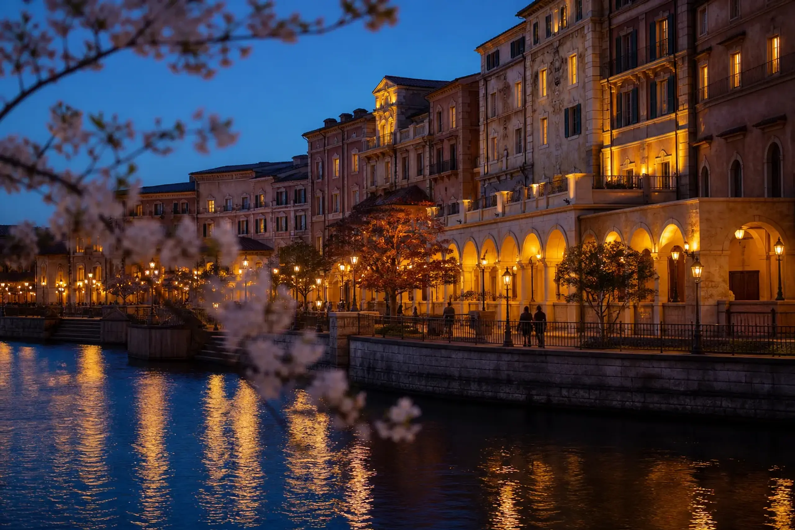 Tokyo DisneySea Hotel MiraCosta exterior at dusk with warm lights and waterfront promenade