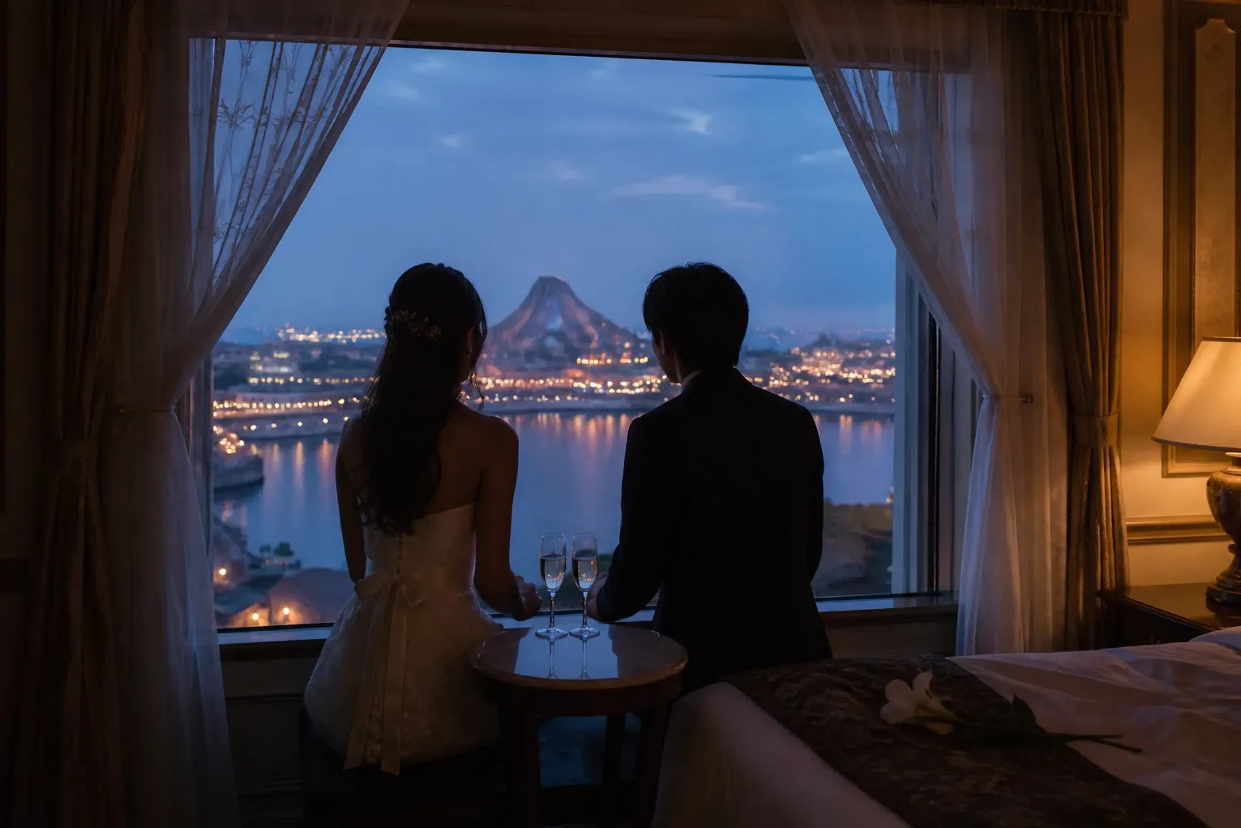 Couple in a hotel room looking out a large window toward harbor lights in the evening