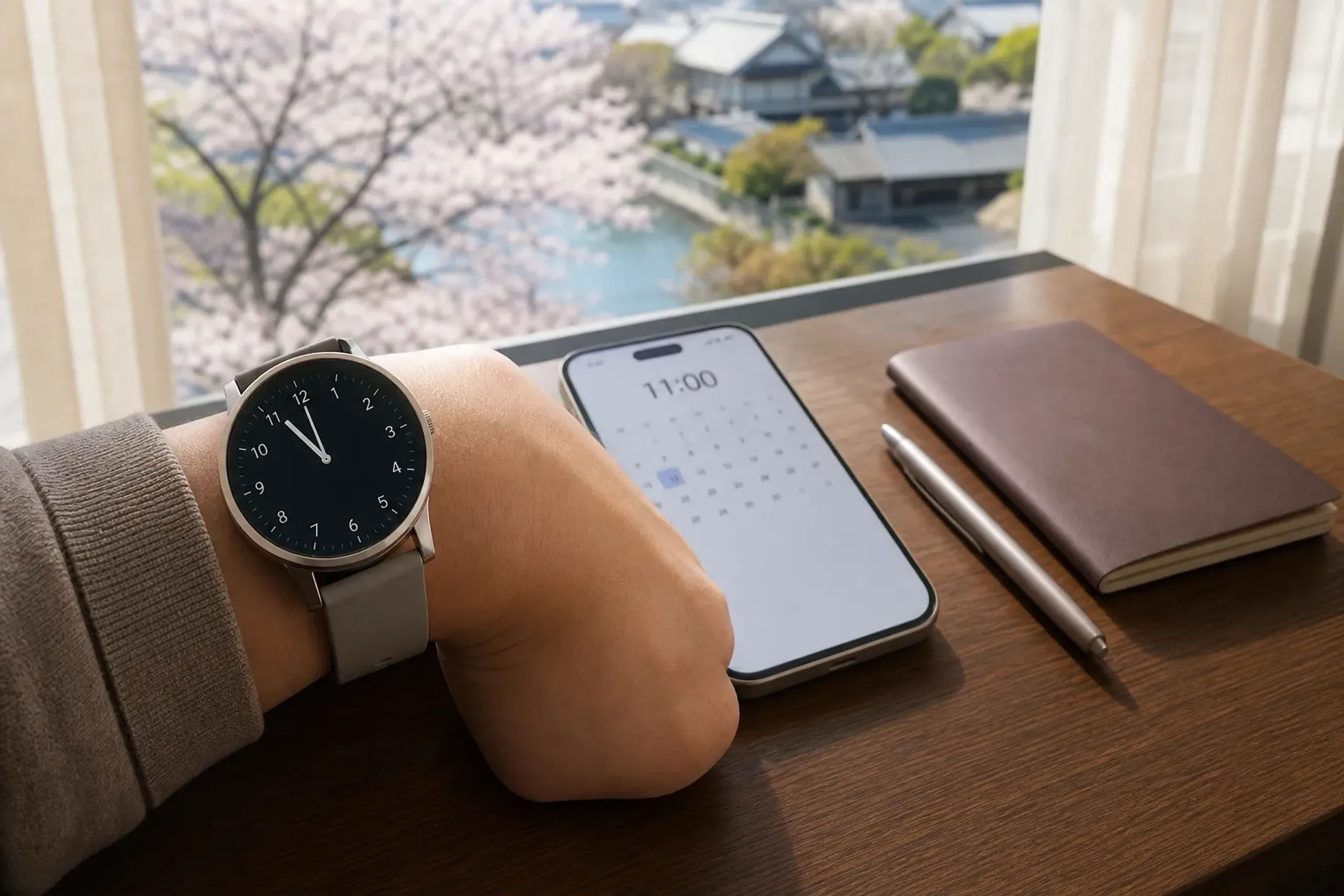 Smartphone calendar reminder set for 11:00 with passport on desk, suggesting booking timing