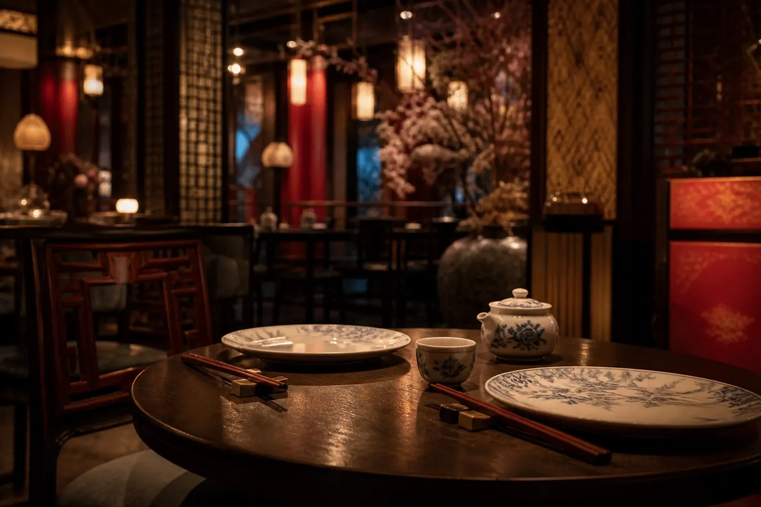 Interior detail of Silk Road Garden (Tokyo DisneySea Hotel MiraCosta): a neatly set two-top table (no diners), porcelain place settings, chopsticks rest, and warm ambient lighting with the restaurant’