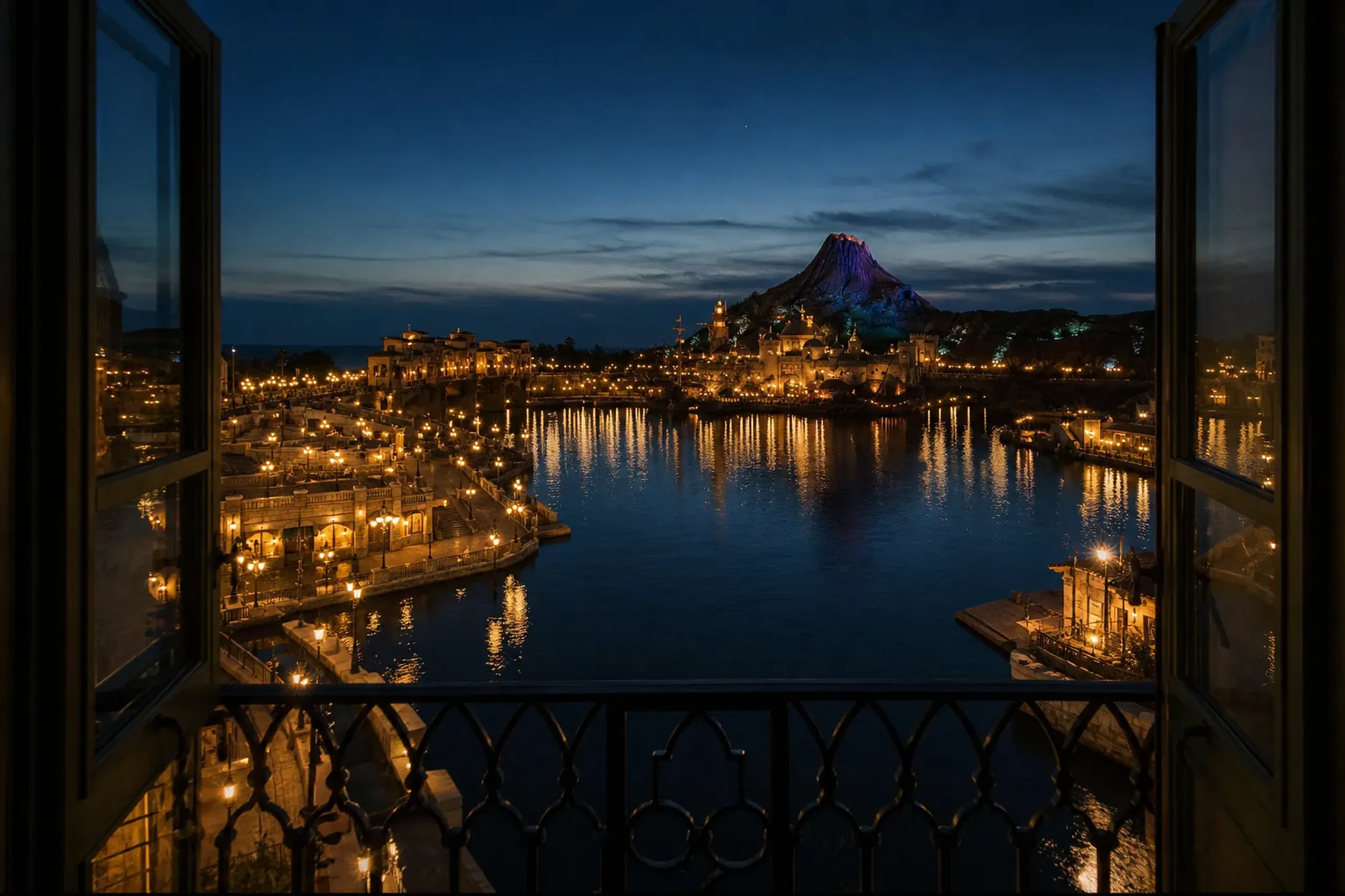 Night view of Tokyo DisneySea’s Mediterranean Harbor from inside Tokyo DisneySea Hotel MiraCosta: harbor lights reflecting on the water at dusk, with the hotel window frame or balcony railing in the f