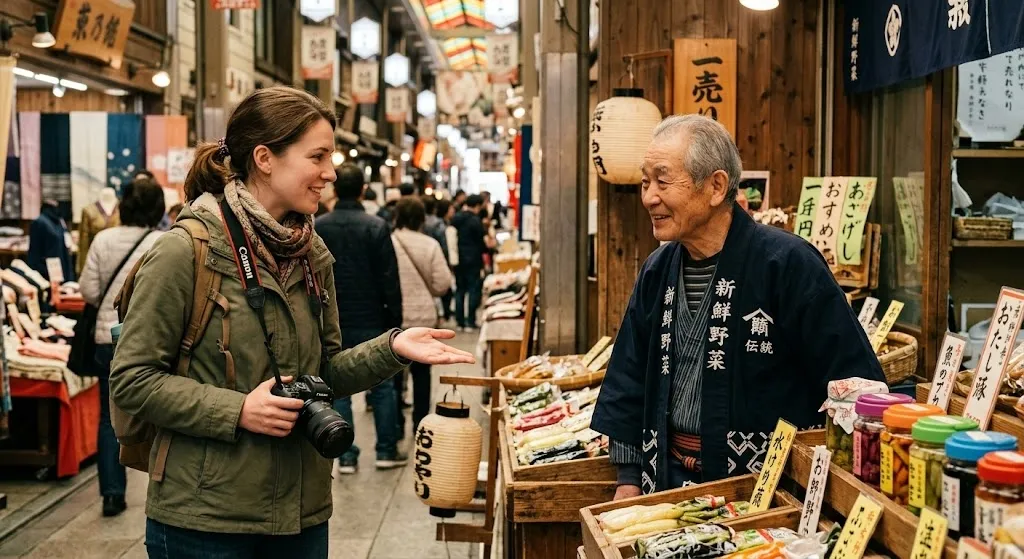 A traveler politely holds up a camera while gesturing toward a market stall, and a smiling Japanese vendor nods in agreement, illustrating respectful photography etiquette in Takayama.