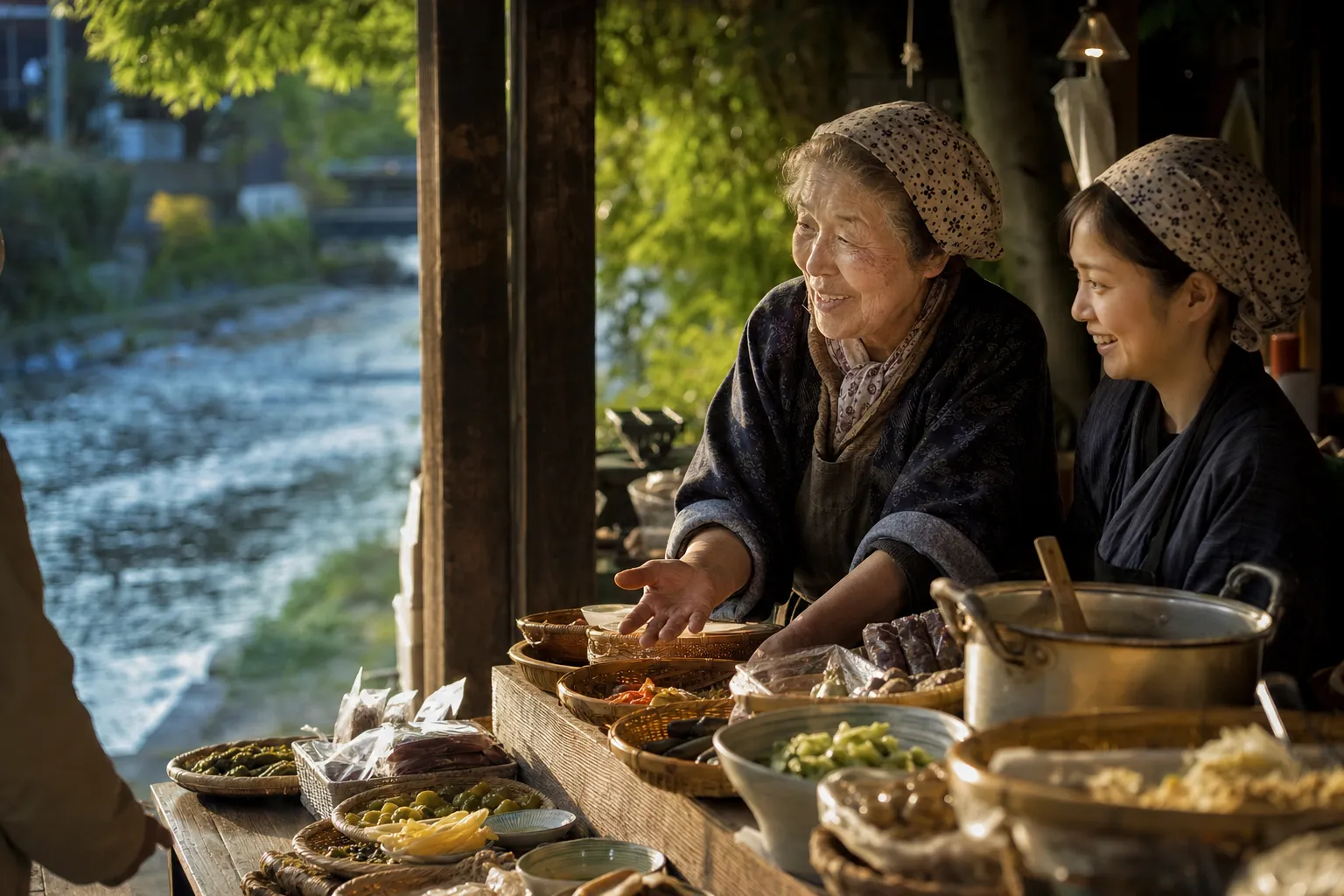 An elderly Japanese female younger and her apprentice smile while serving customers at a traditional wooden stall at Miyagawa Morning Market, showcasing the continuity of generational family traditions.