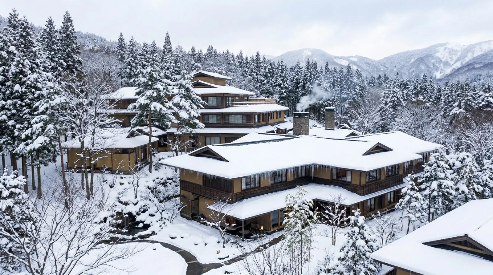 The Chikusenso resort is covered in pristine white snow, surrounded by winter forest trees in Mt. Zao.
