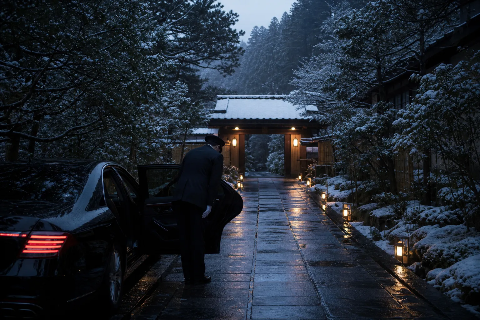 A professional chauffeur standing next to a sleek, luxury black car, opening the door for guests.