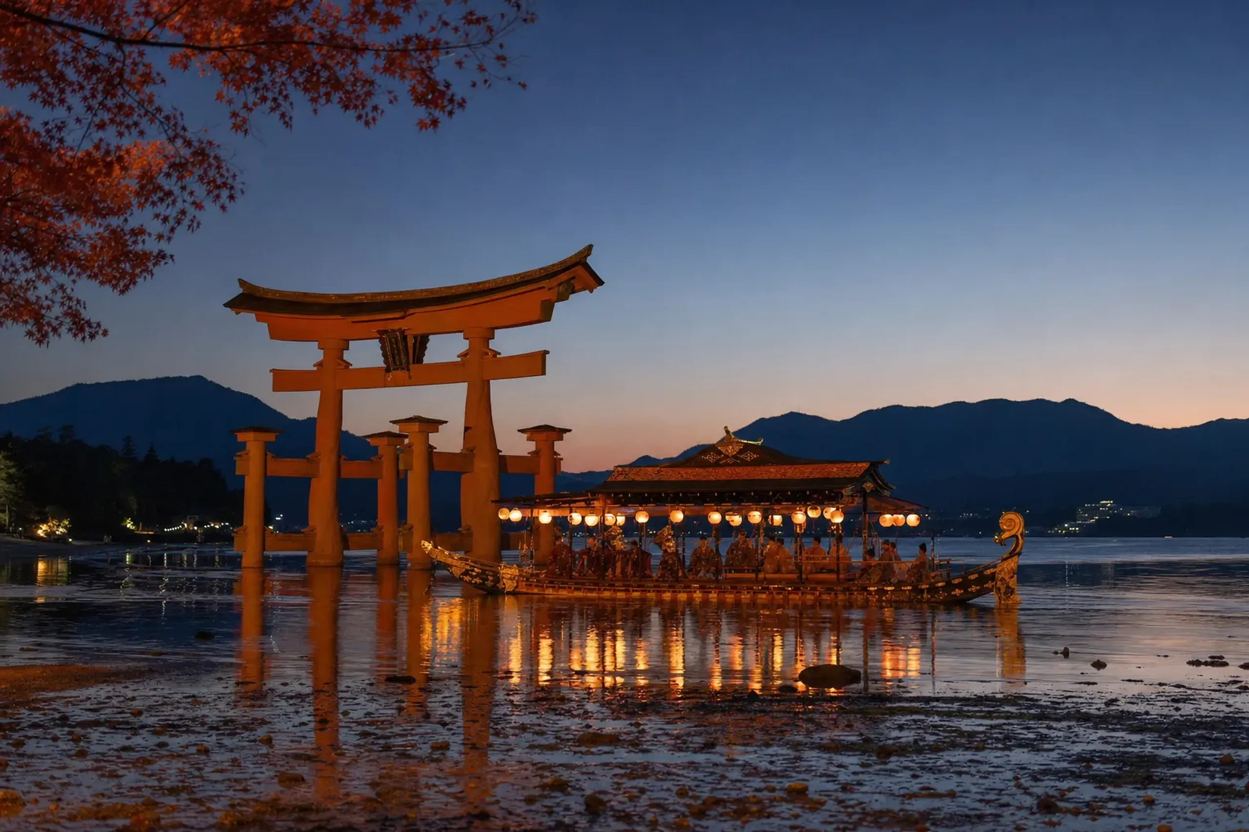 the lantern-lit Kangensai festival boat carrying the portable shrine and court musicians, holding position on the darkening shallows off the Great Torii at Itsukushima Shrine