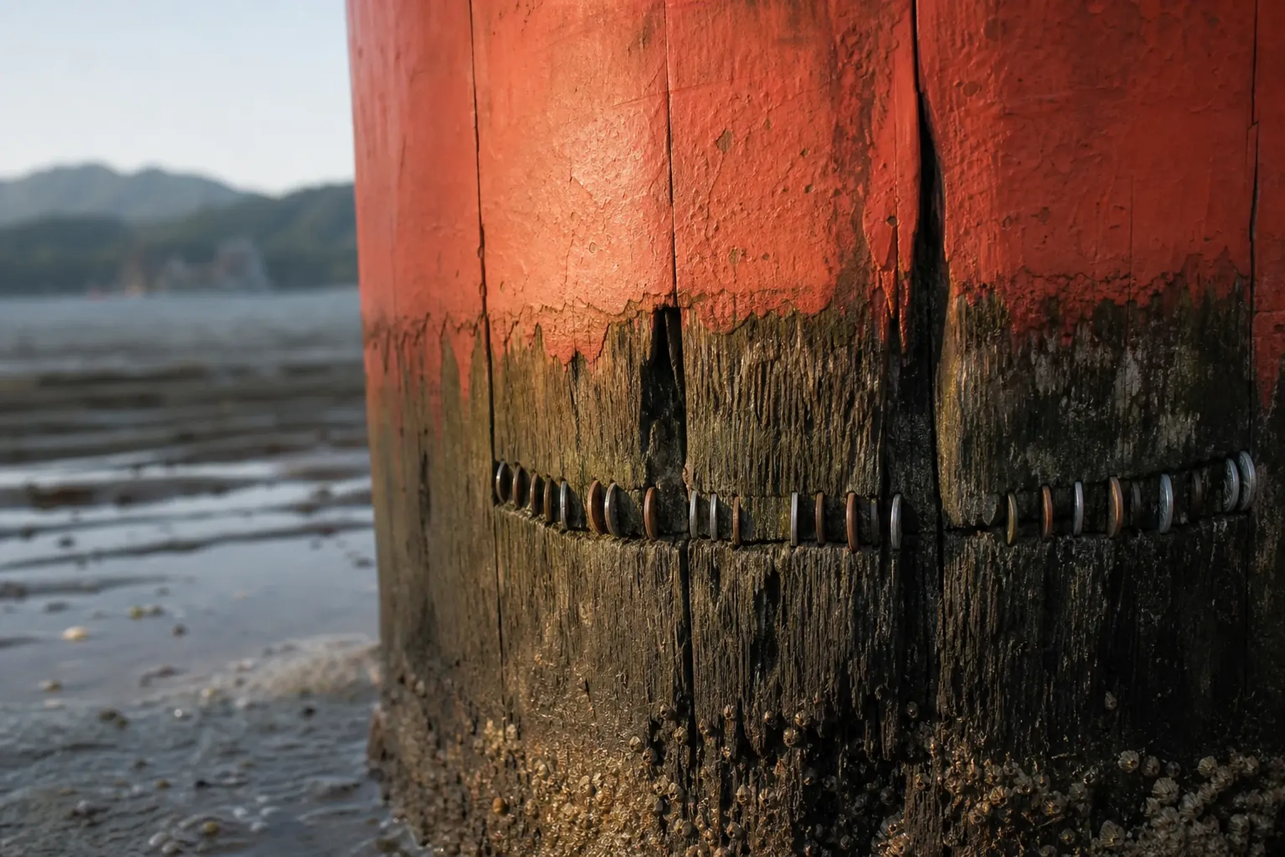 Pilgrims' coins pressed into the wooden joints at the base of a leg of the great Itsukushima torii, exposed on wet sand at low tide